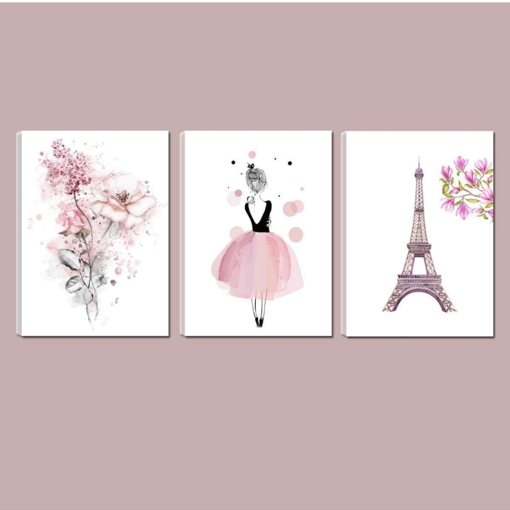 Pink Ballerina Paris Eiffel Tower Flower 3 Canvas Art Prints Wall Decor Girl